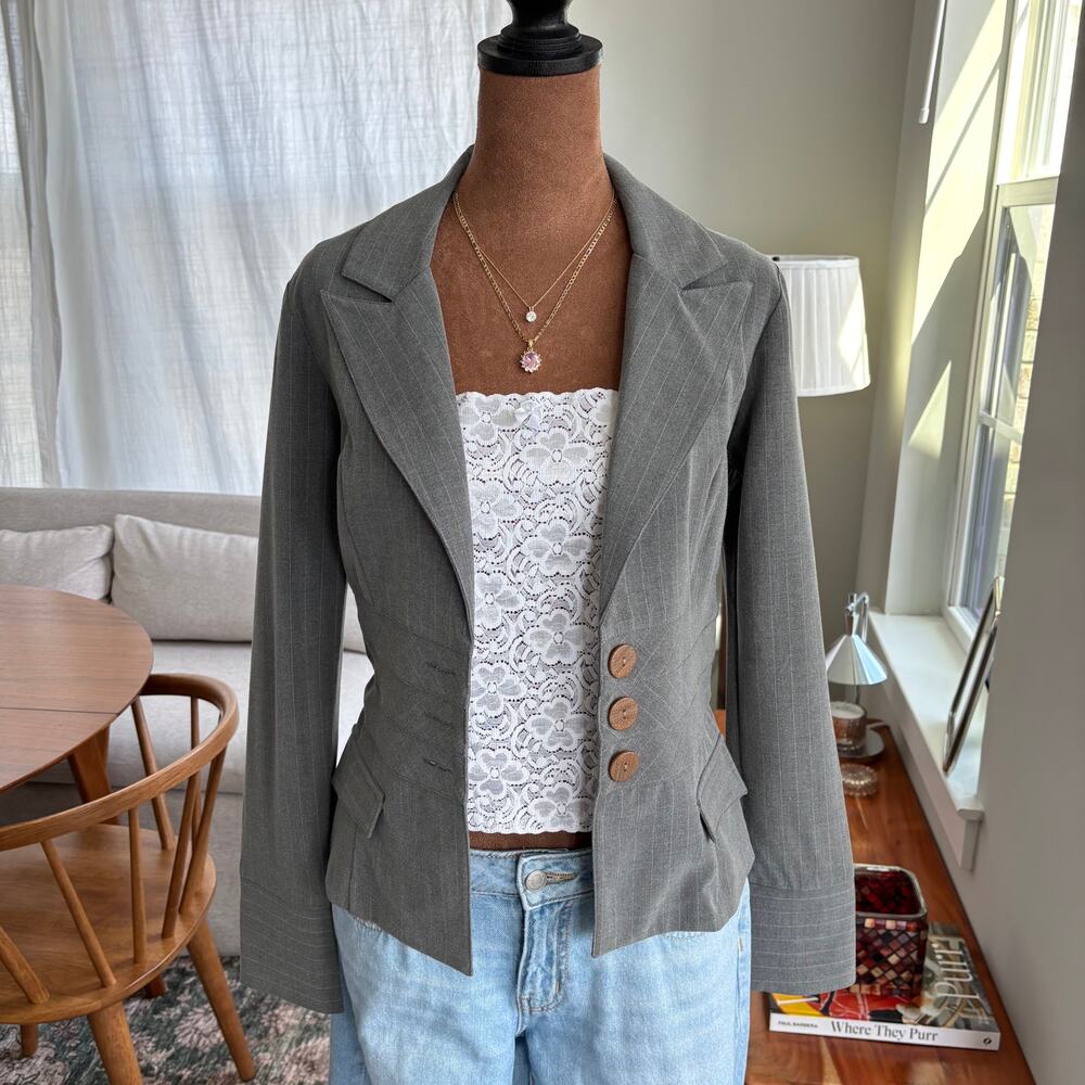 2000s Vintage De.Coded Gray Pinstripe Blazer Pink Lining Button Front NWT Small